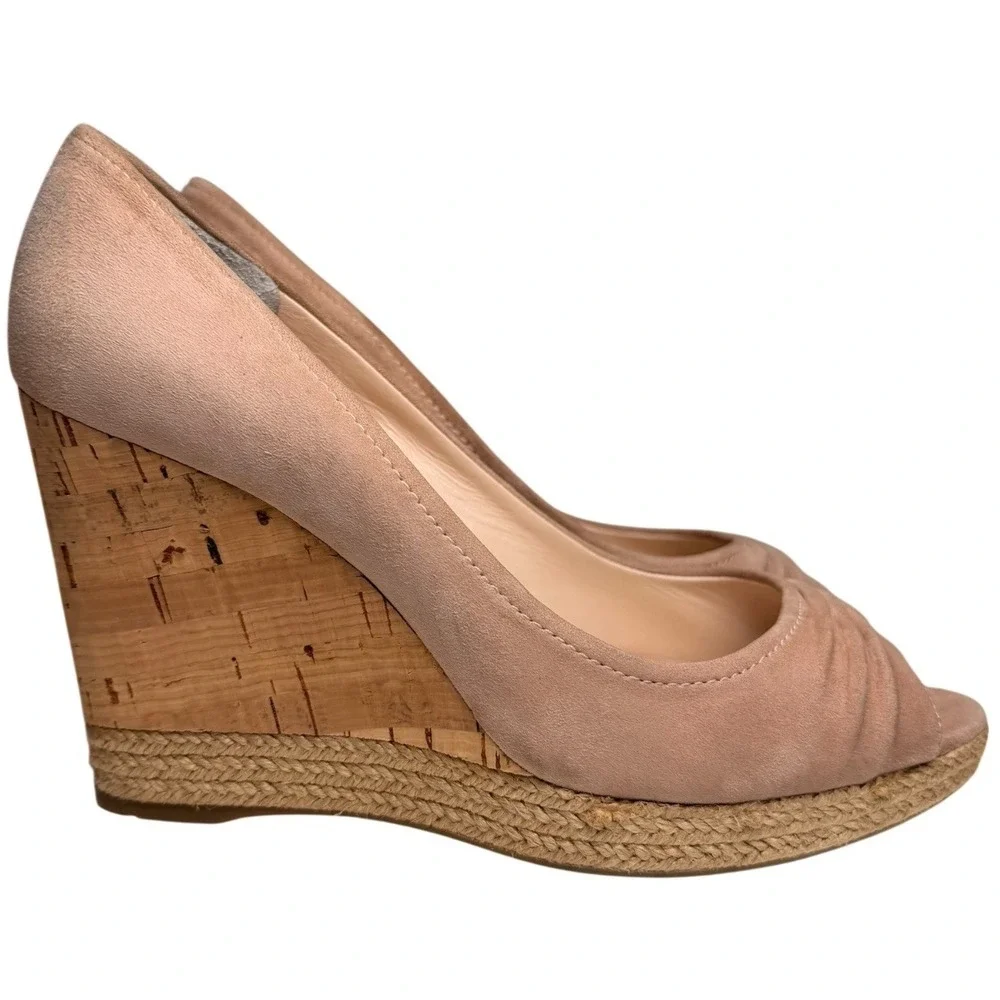 Authentic Prada 3KZ033 Nude Suede Cork Espadrille Wedge‎ Heels EU 38 US 7.5 8